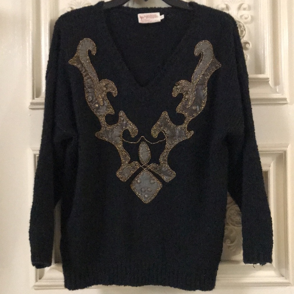 Beldoch Popper - Vintage V-Neck Knitted Embellished Pullover Sweater - Picture 5 of 5